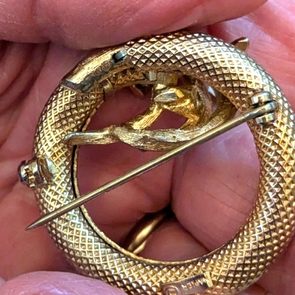 Vintage Napier 50s gold tone circle pin turquoise rhinestone crystal collectible - Picture 7 of 13